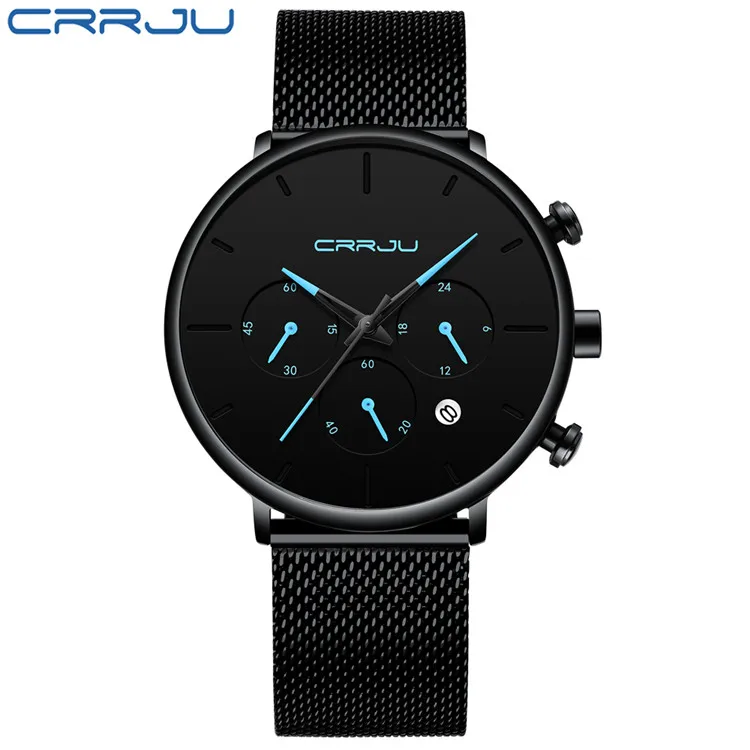 blue Мужские часы Relogio Masculino CRRJU, мужские деловые часы, роскошные повседневные водонепроницаемые спортивные часы, мужские кварцевые часы с 3 циферблатами, тонкие сетчатые часы - Цвет: blue