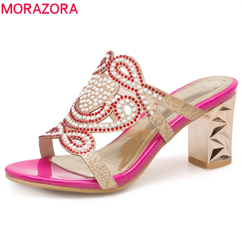 Женские босоножки с жемчугом MORAZORA черные на квадратном каблуке большие размеры