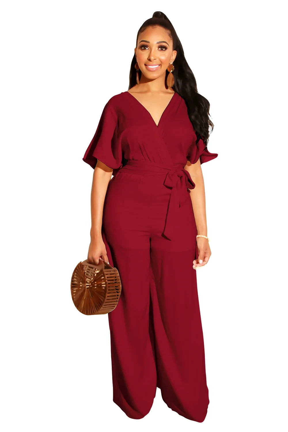 Женский свободный комбинезон с поясом коротким рукавом и V-образным вырезом |