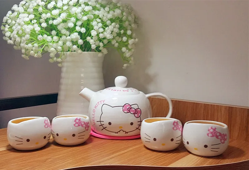 Hello kitty Jindezhen мультфильм керамический s керамический чайник превосходит Восхитительный Прекрасный Кот Набор фарфорового чайника самовар 5 шт