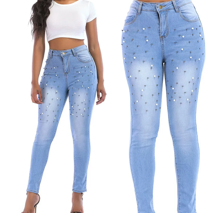 Осенние женские узкие джинсы с бусинами большие размеры жемчужинами со средней
