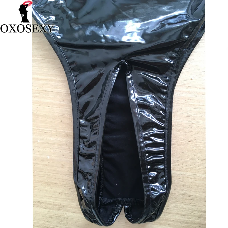 

Backless Sexy PVC Leather Black Bodysuit Women High Cut Thong Open Crotch Hollow Bust Erotic Leotard Costumes Latex Bodysuit 420