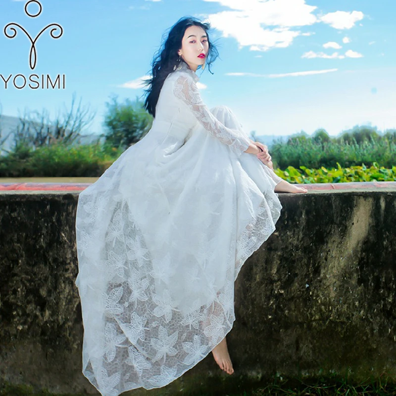 YOSIMI летнее платье Макси кружевное вечернее длинное женское платье пляжное платье с воротником-стойкой женское белое винтажное платье с длинным рукавом