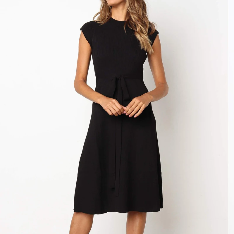 Женское Повседневное платье с поясом элегантное пляжное круглым вырезом и