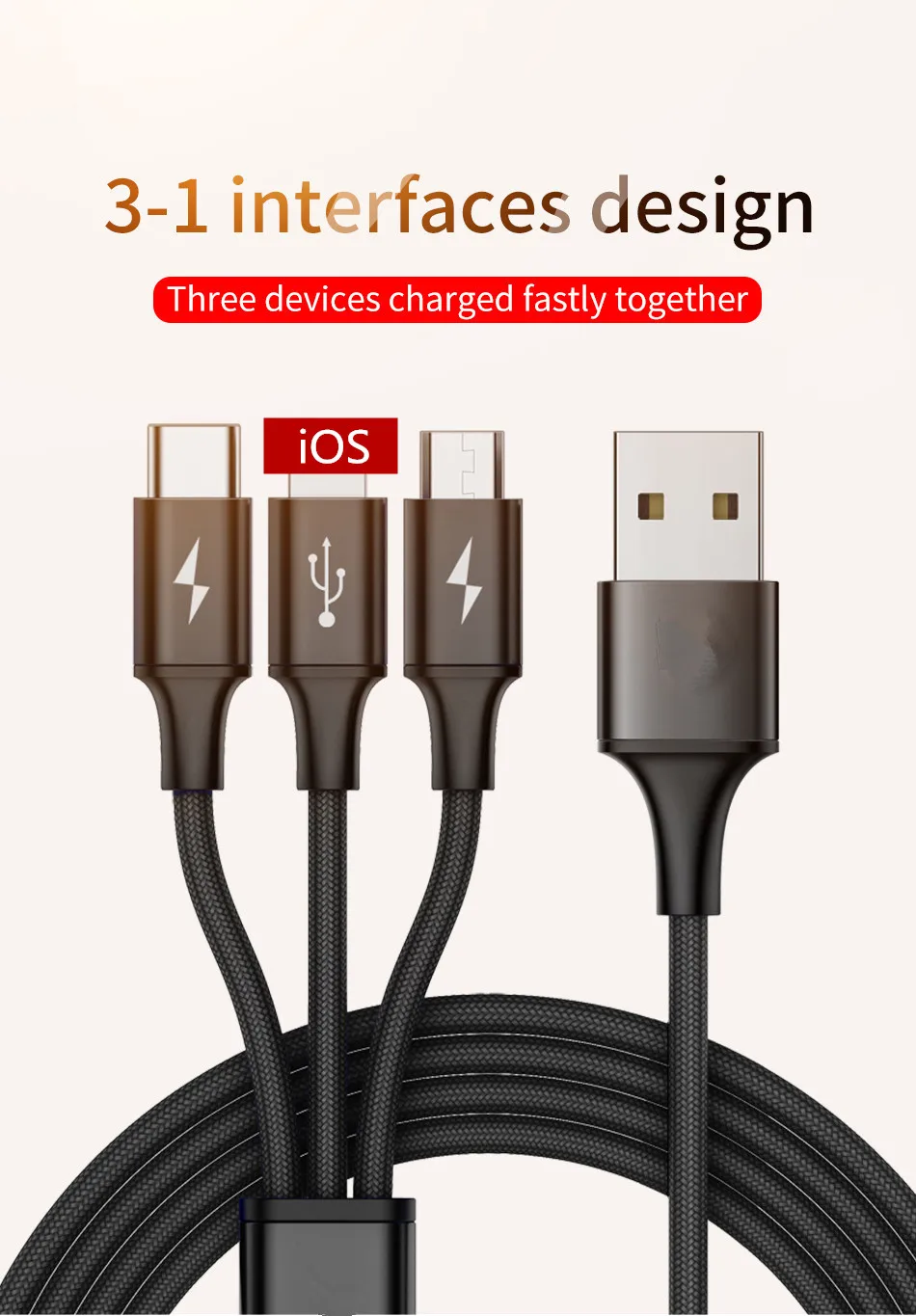 200cm All In One For Lightning 8Pin Micro USB Type C Data Cord Fast Charging 2M USB Cable For iPhone7 8 Xs Xiaomi Huawei Samsung
