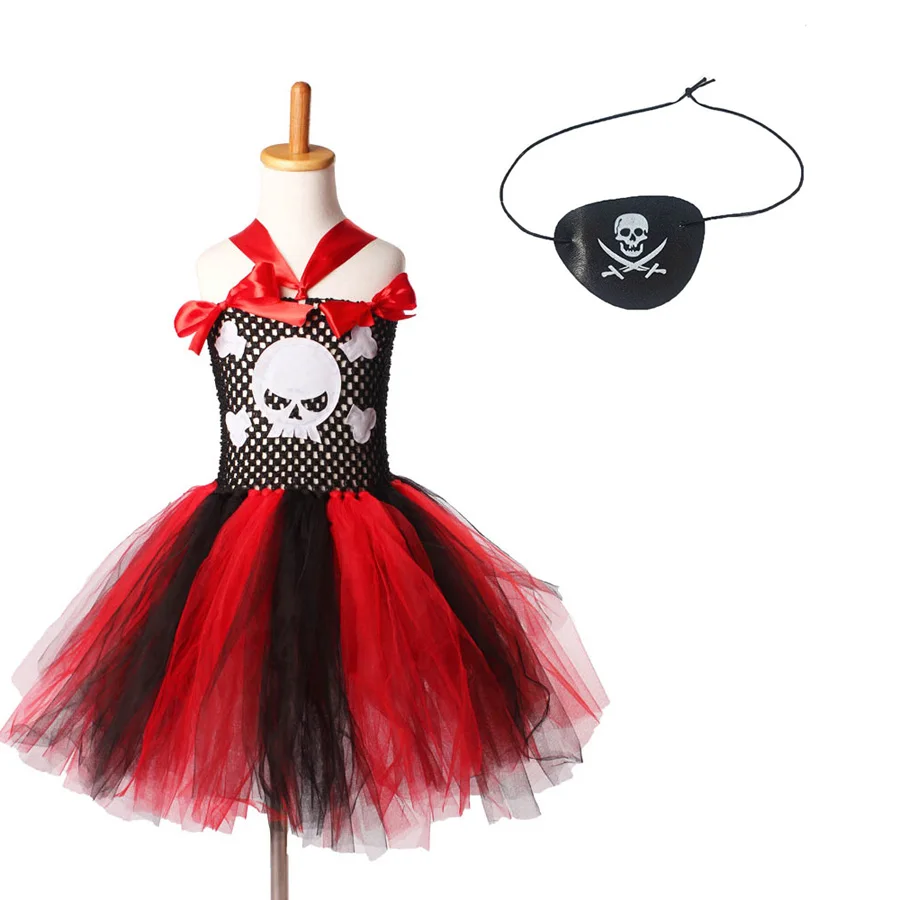 Платье-пачка принцессы в пиратском стиле с маской для девочек красный черный