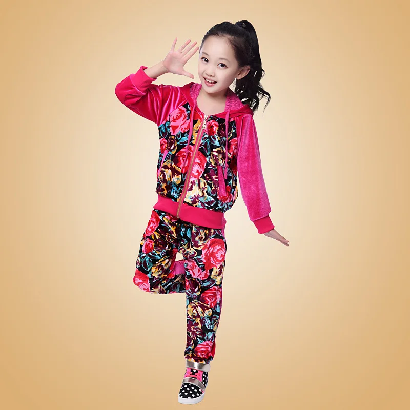 Spring 2015 new children clothing sets Floral coat pant 2pcs Velvet kids clothes baby girls sport suit roupas infantil meninas | Мать и