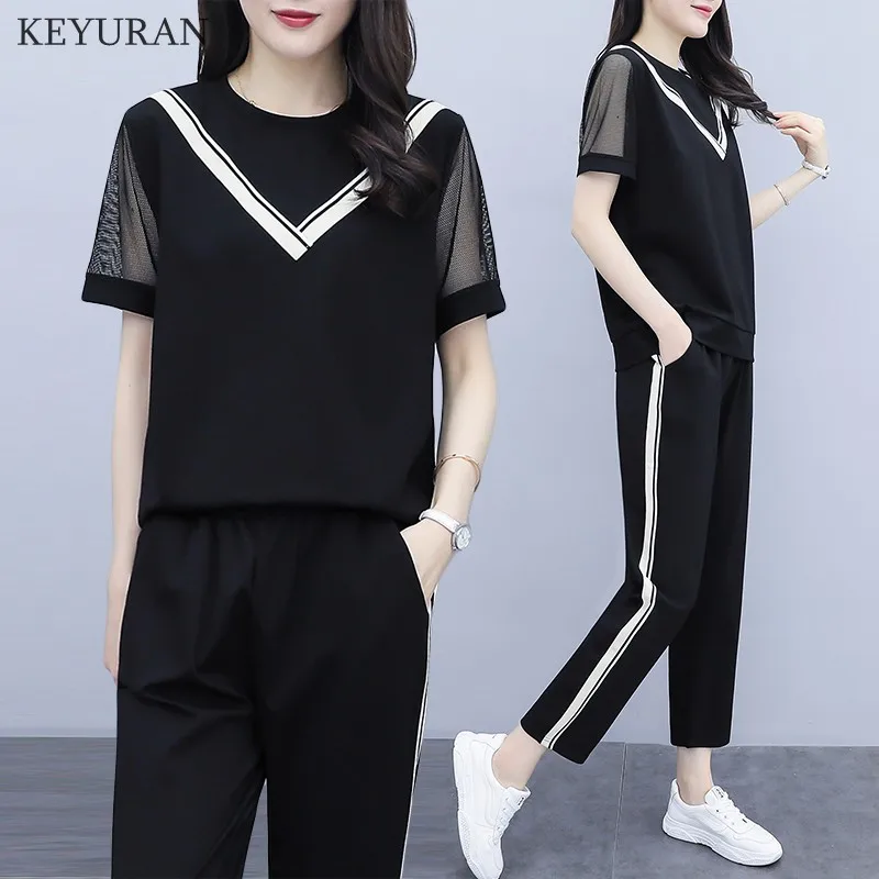 XL-5XL Лето 2019 г. полосатый лоскутное комплект из двух предметов для женщин футболка