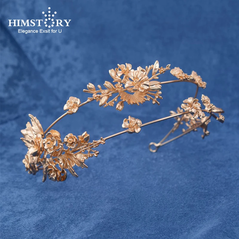 

HIMSTORY Vintage Baroque Gold Wedding Hair Accessories Roses Flower & Leaf Crown And Bridal Tiaras Headband