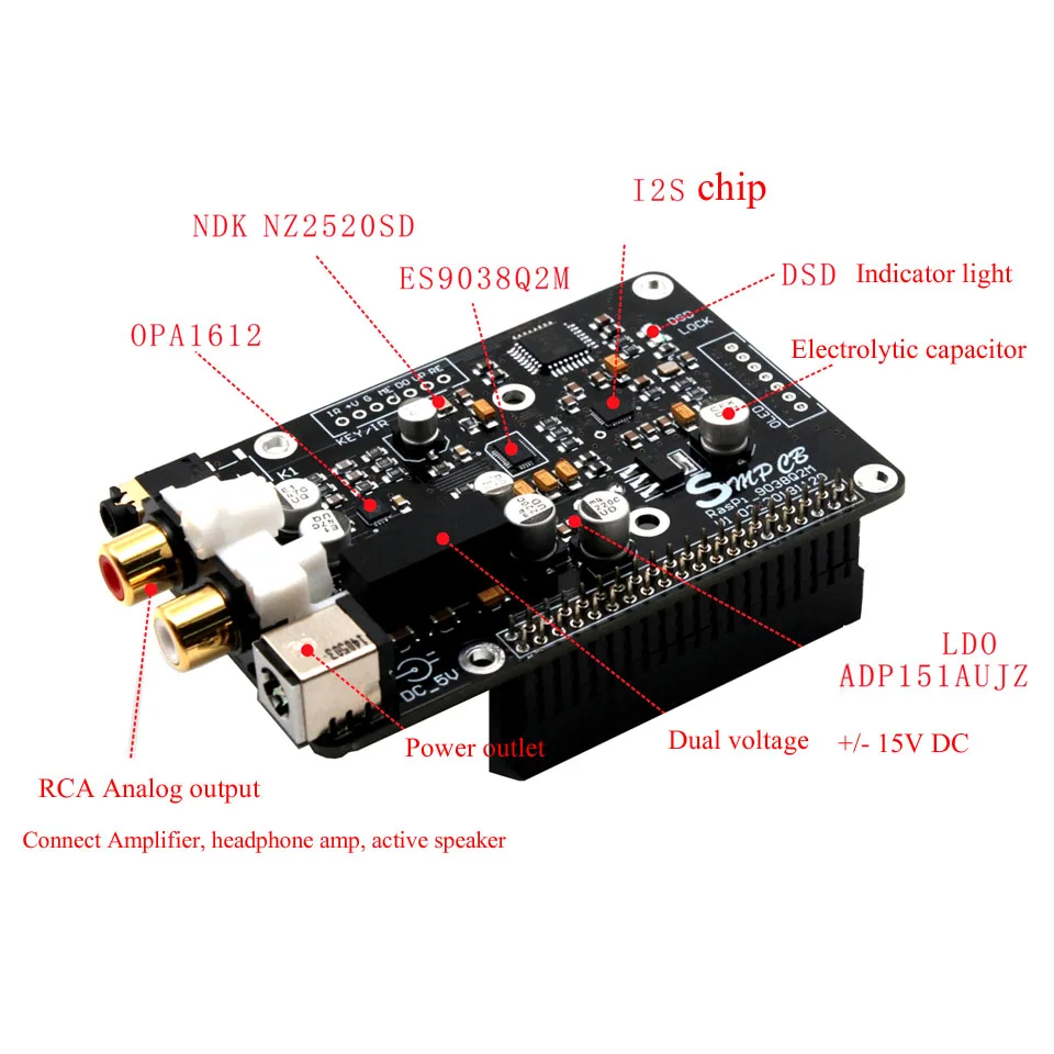 ES9038q2m DAC декодер цифровой трансляционный сетевой плеер для Raspberry Pi 3B PI2 PI3 B + I2S 32 бит