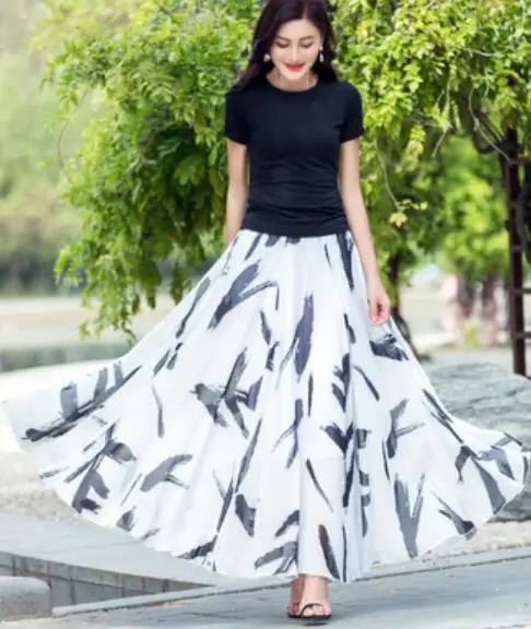 Женская шифоновая юбка с высокой талией зеленая макси винтажным принтом лето 2019 |