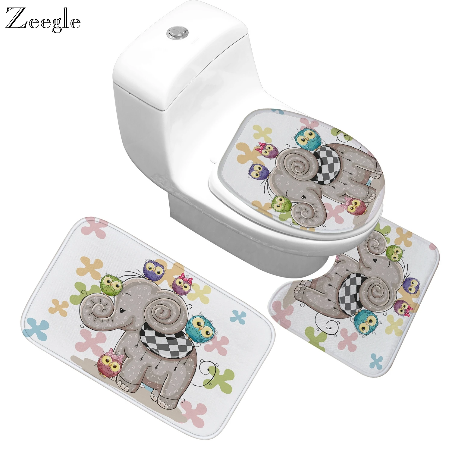 

Zeegle Elephant Pattern Toilet Seat Cover Bath Mat Absorbent Non Slip Bathroom Rug Bath Mat Set Flannel Floor Mats for Bathroom