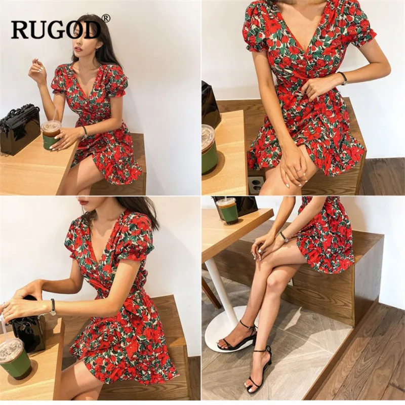 RUGOD/женское платье с цветочным принтом, мини-облегающее платье с короткими рукавами и v-образным вырезом, элегантное богемное стильное летнее платье modis vestido verano