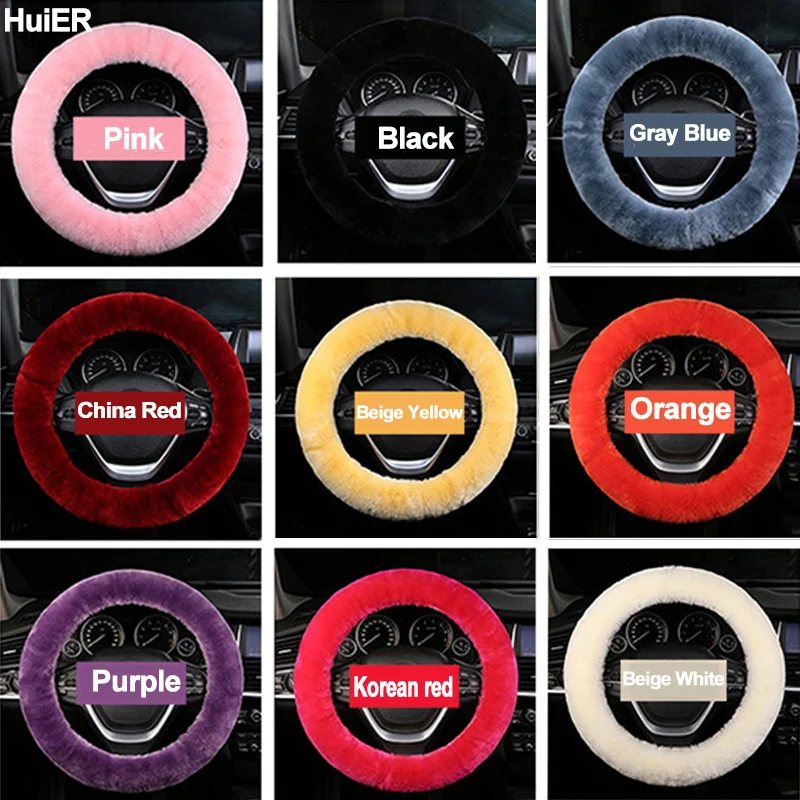 

HuiER Winter Car Steering-wheel Cover 9 Colors Long Australian Wool For 36-42CM /14.2"-16.5" Auto Steering Wheel Car Styling