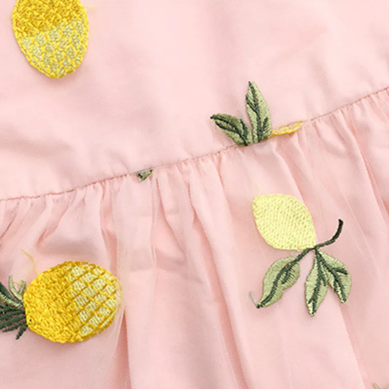 

DFXD High Quality Autumn New Teen Girls Long Sleeve Pineapple Embroidery Mesh Spliced Turn Down Collar Party Dress 3-14Years