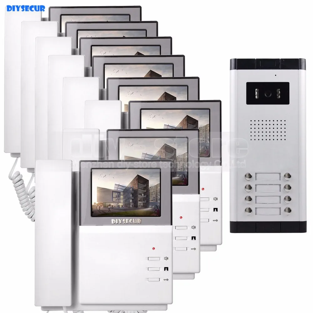 DIYSECUR 4.3" HD Monitor Apartment Video Door Phone Intercom Doorbell System 700 TVLine IR Camera Touch Key for 8 Families |