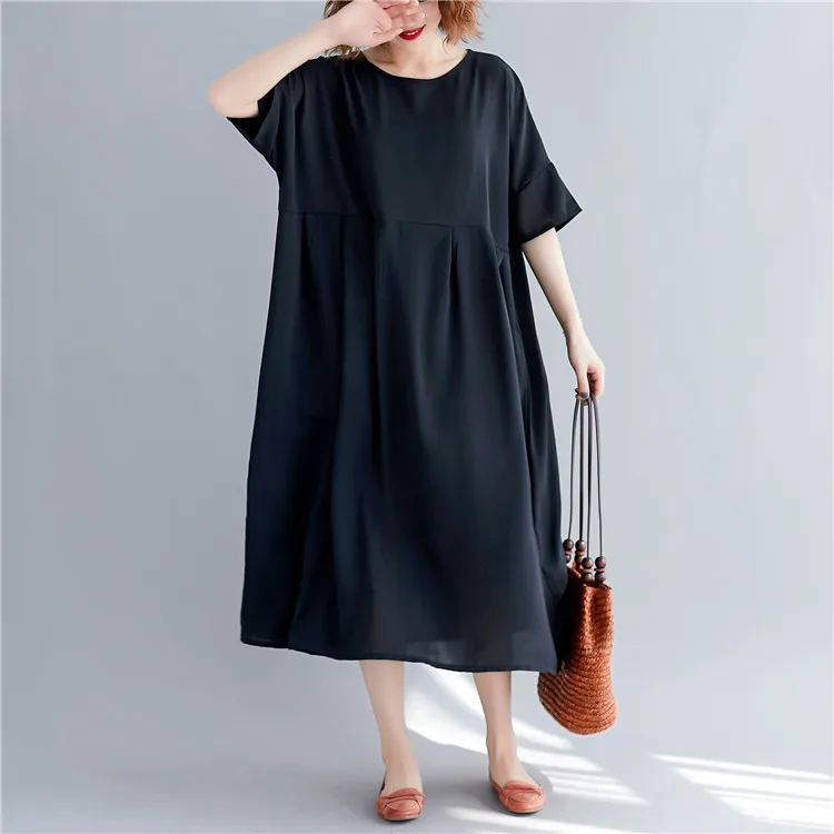 BelineRosa Simple Casual Black Color Dress in Big Sizes High Waist Loose Style Women Dress Cotton Linen Natural CLothesBSDM0250