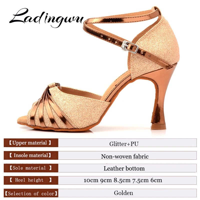 Ladingwu Glod Glitter Dance Shoes Latin Women Salsa Shoes Dance Sandals Ballroom Dancing Shoes For Women Soft Bottom Cuban heel