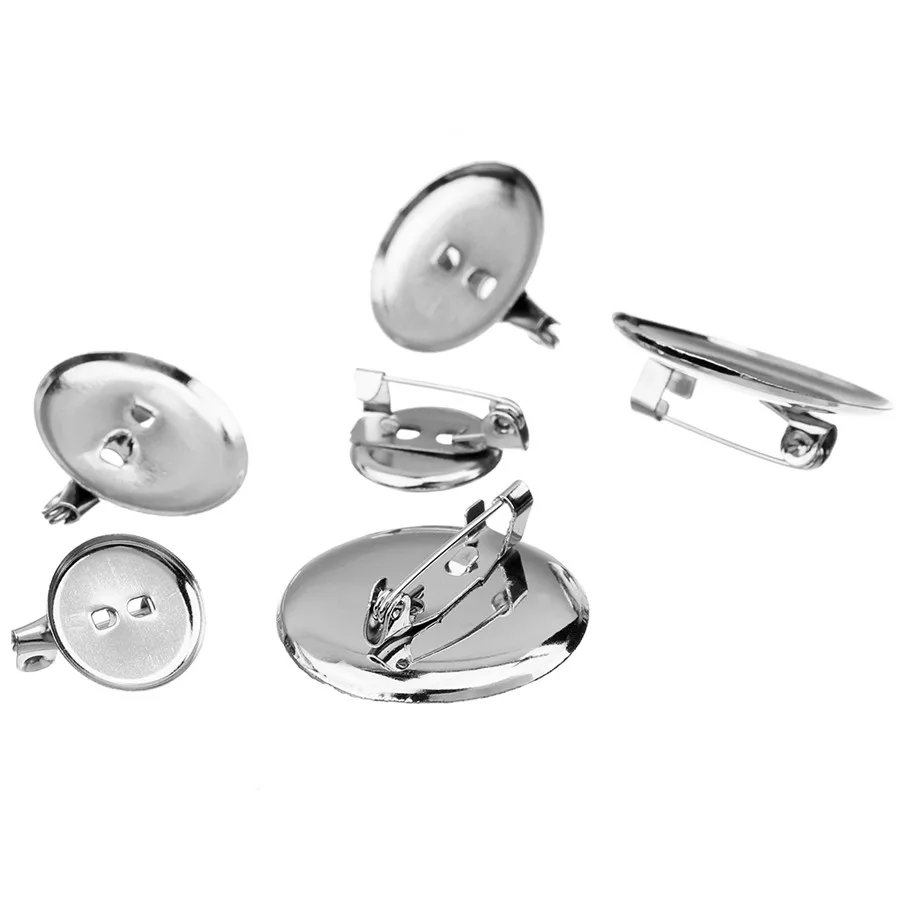 

50pcs Metal Rhodium Platting with Bottom Paper Clip 13/19/24/29mm Round Blank Bezel Brooch Cabochon Base For DIY Jewelry Making