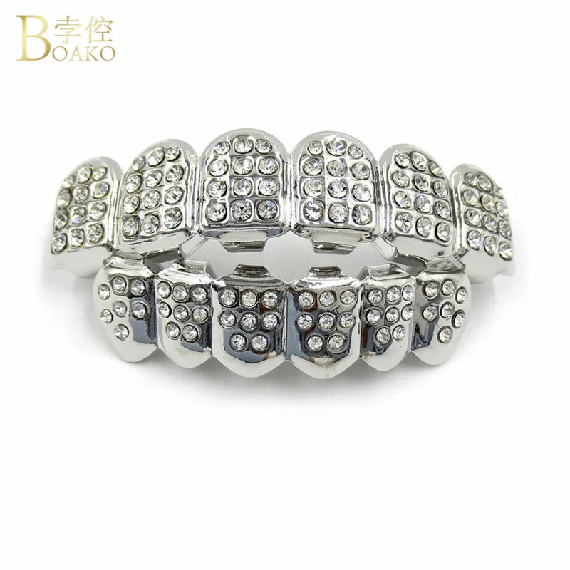Silver set BOAKO хип-хоп золотые зубы Grillz Iced Out CZ зубы шапки верхние и нижние грили стоматологические рот панк вечерние зубные Рэппер Украшения для тела - Окраска металла: Silver set
