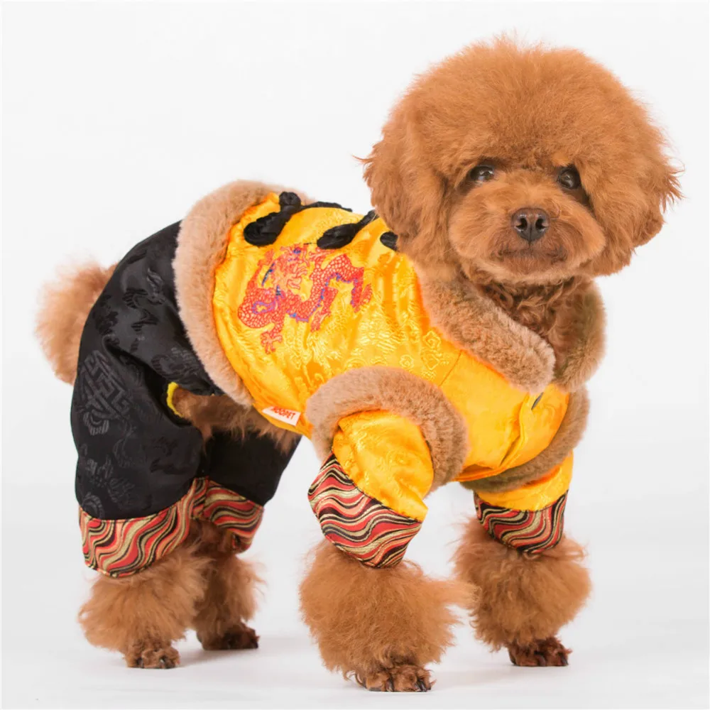 HOOPET Pet Chinese Dragon Traditional Costume Warm Thick Dog Cat Winter Jumpsuit Clothes Jacket Tang Suit|dog winter suit|dog clothes warmdog warm |