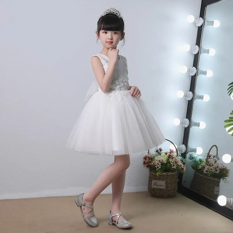 white short Детское Тюлевое праздничное платье принцессы для девочек, детское платье для выпускного вечера с вышитыми жемчужинами и цветами, платья со шлейфом и аппликацией для девочек-подростков Q212 - Цвет: white short