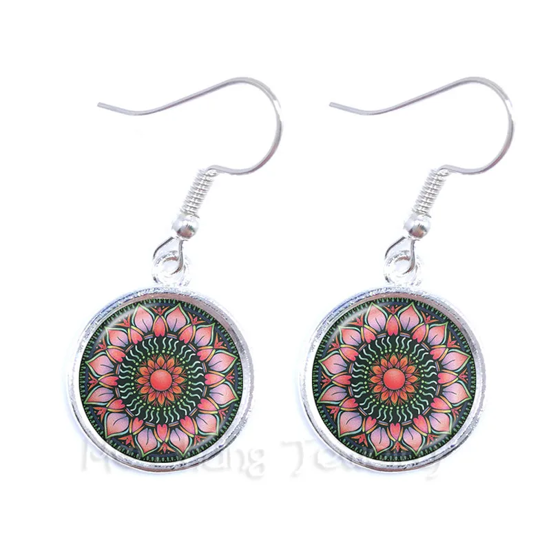 Flower Of Life Tibetan Om Mandala Earrings Gray Jewelry Vintage Buddhism Meditation Glass Dome For Women | Украшения и аксессуары