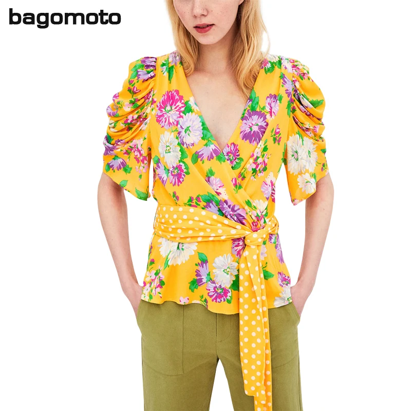 bagomoto Dotted Floral Print Elegant Shirt Tops Deep V Blouse 2018 Women Casual Chiffon Belt Decoration Top blusas |