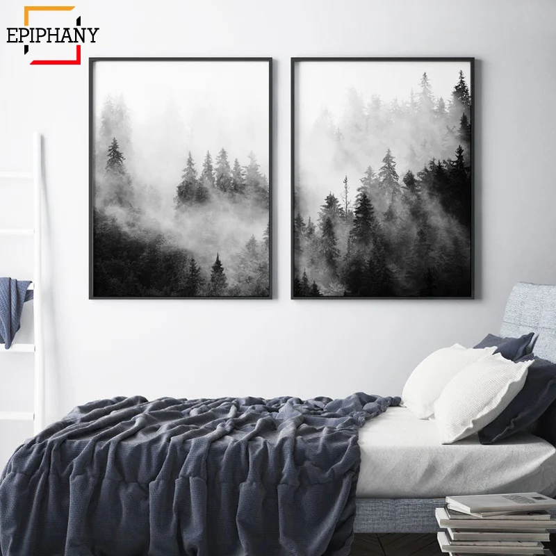 

Forest Prints Black and White Nature Scandinavian Wall Art Canvas Painting Modern Minimalist Landscape Foggy Mountain Posters