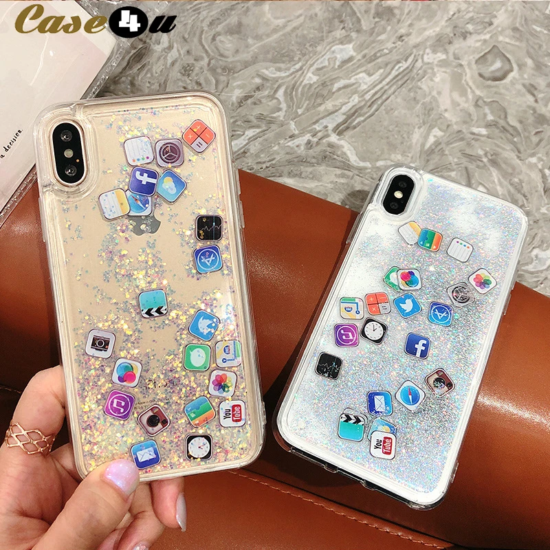 Чехол с зыбучим песком для iphone 6 7 8 Plus 6s значки приложений XR XS Max прозрачный Жидкий
