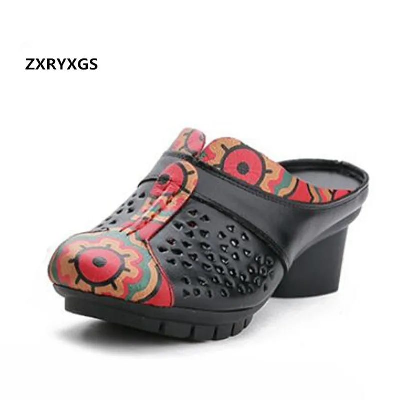 

2021 New Mixed Colors Printing Real Leather Sandals Women Shoes Fashion Sandals Thick Heel Comfort Soft Women Sandals Slippers