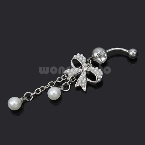 2017 New Pretty 316L Stainless Steel Pearl Butterfly Bow Belly Navel Ring Dangle Jewelry |