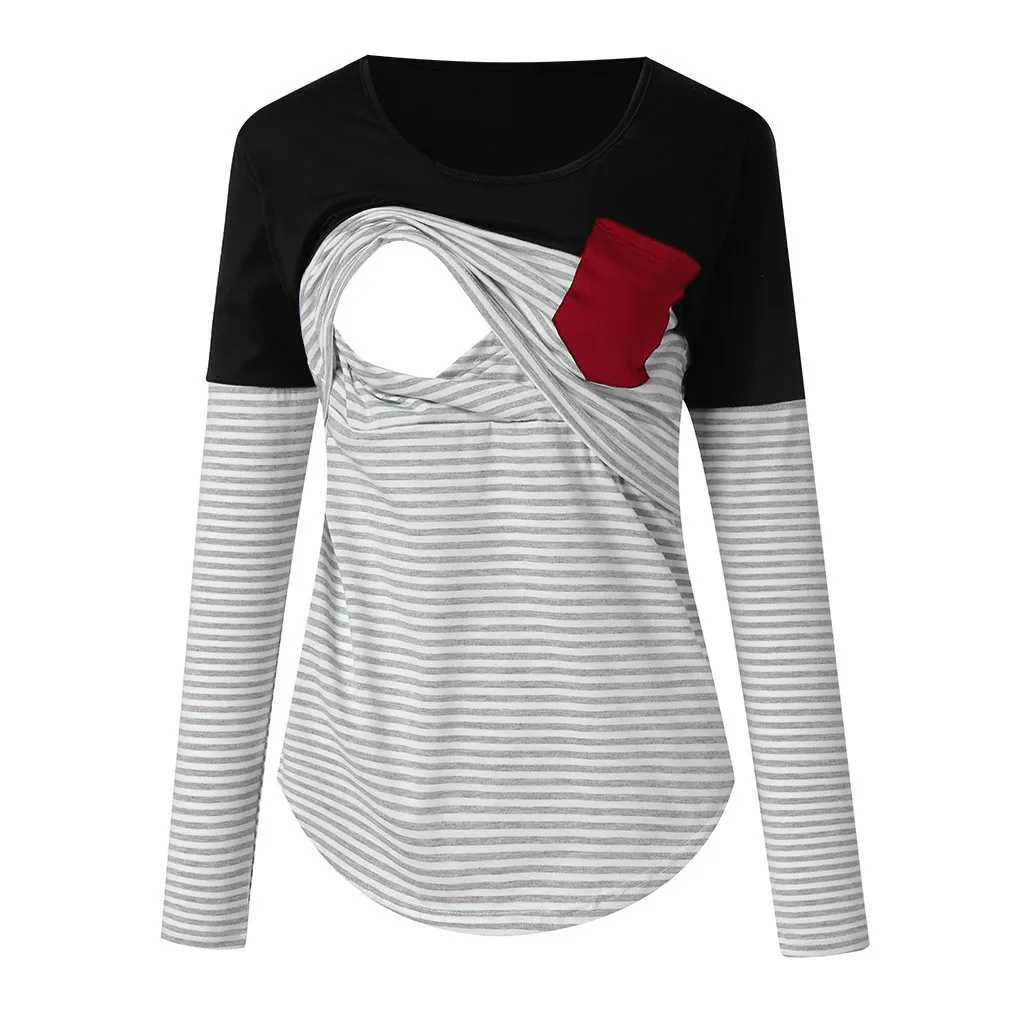 LONSANT Maternity Blouse Women Patchwork Pockets Nursing Stripe Long Sleeve shirt Round Neck Breastfeeding tops | Мать и ребенок
