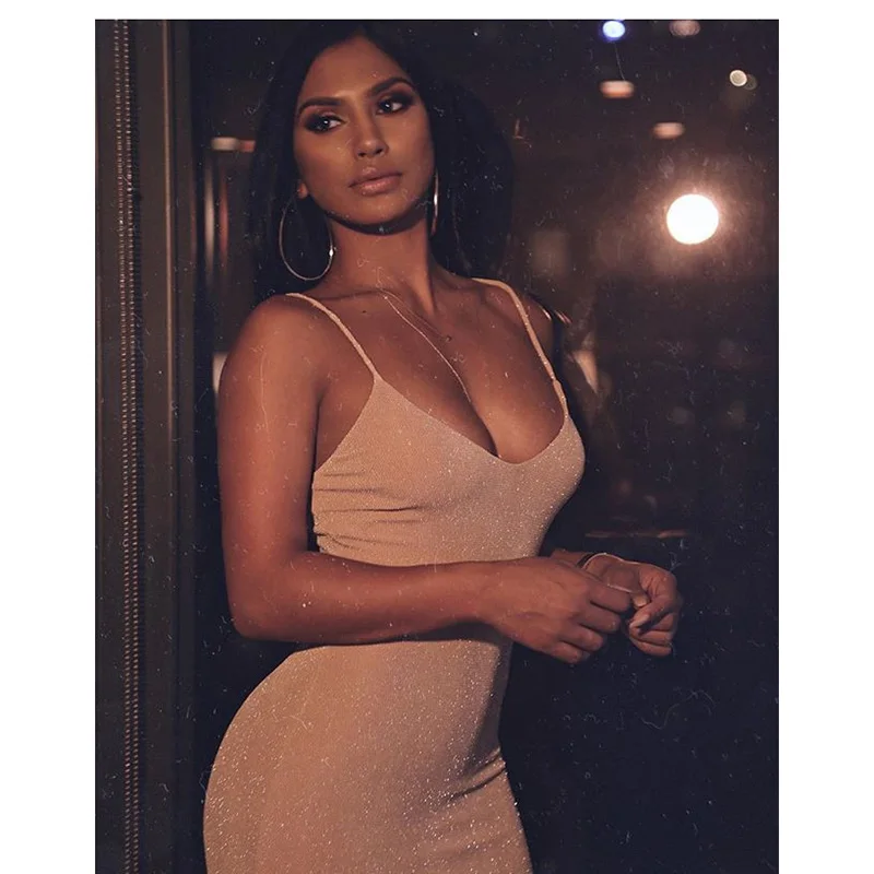 

Slim strap glitter dress women spaghetti strap midi bodycon dresses Summer fashion shinny sexy party dress vestido mujer