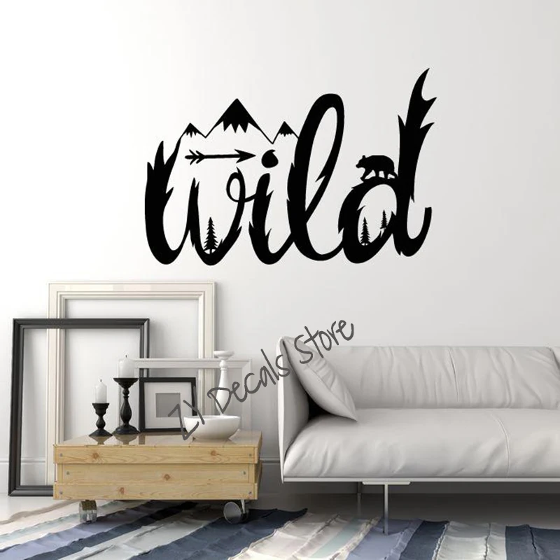 

Wild Vinyl Wall Decal Lettering Word Nature Trees Mountains Animals Stickers Mural Tree With Bear Wall Decor Wallpaper L665