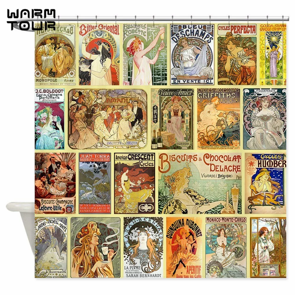 Warm Tour Art Nouveau Advertisements Collage Decorative Fabric Shower Curtains Polyester Waterproof Bathroom Curtain WTC076 | Дом и сад