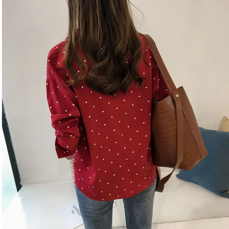 Casual Chiffon Polka Dots Shirt Women Top Casual V-Neck Long Sleeves Blouses