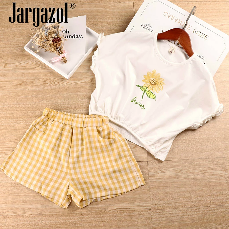 

Summer Clothes Set for Kdis Girl Sunflower White Shirt and Yellow Plaid Shorts for 3-7Y Little Girl Soft Wear Clothing Suit