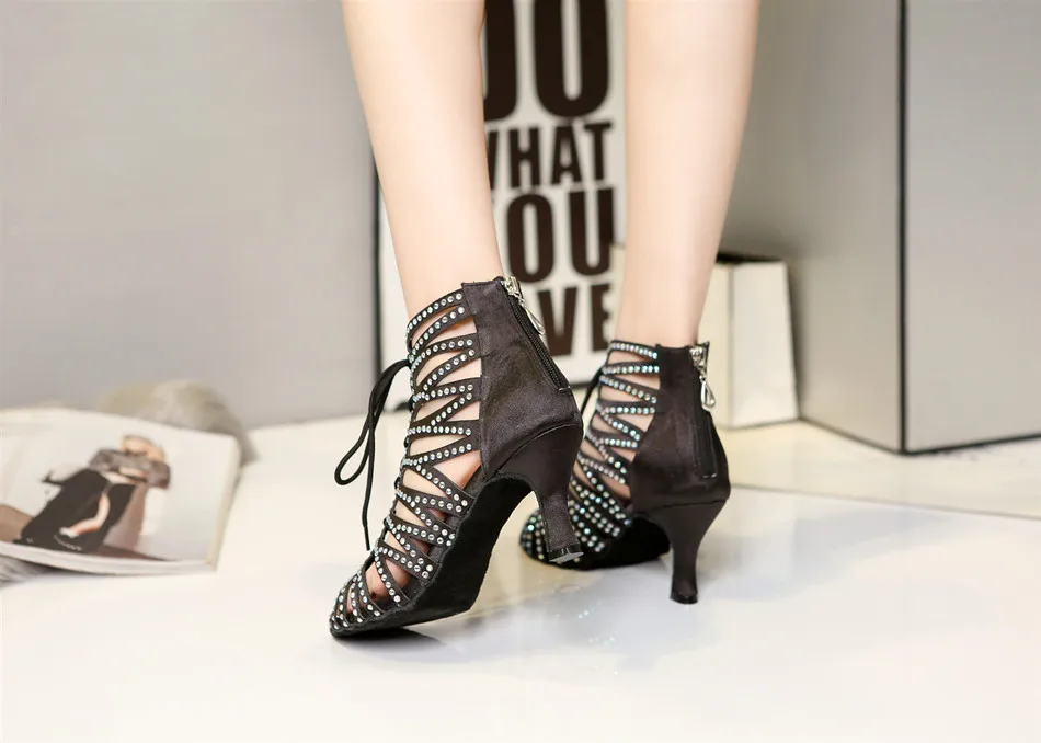 Salsa Dance Boots Black Shining Lace Zipper Opening for Wedding Party Ballroom Social Dancing Glitter Women Sandals Medium 7.5cm