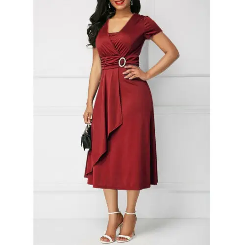 

Hirigin Women Summer Sexy Solid Slim Asymmetric Ruffles Hem V Neck Short Sleeve Dress