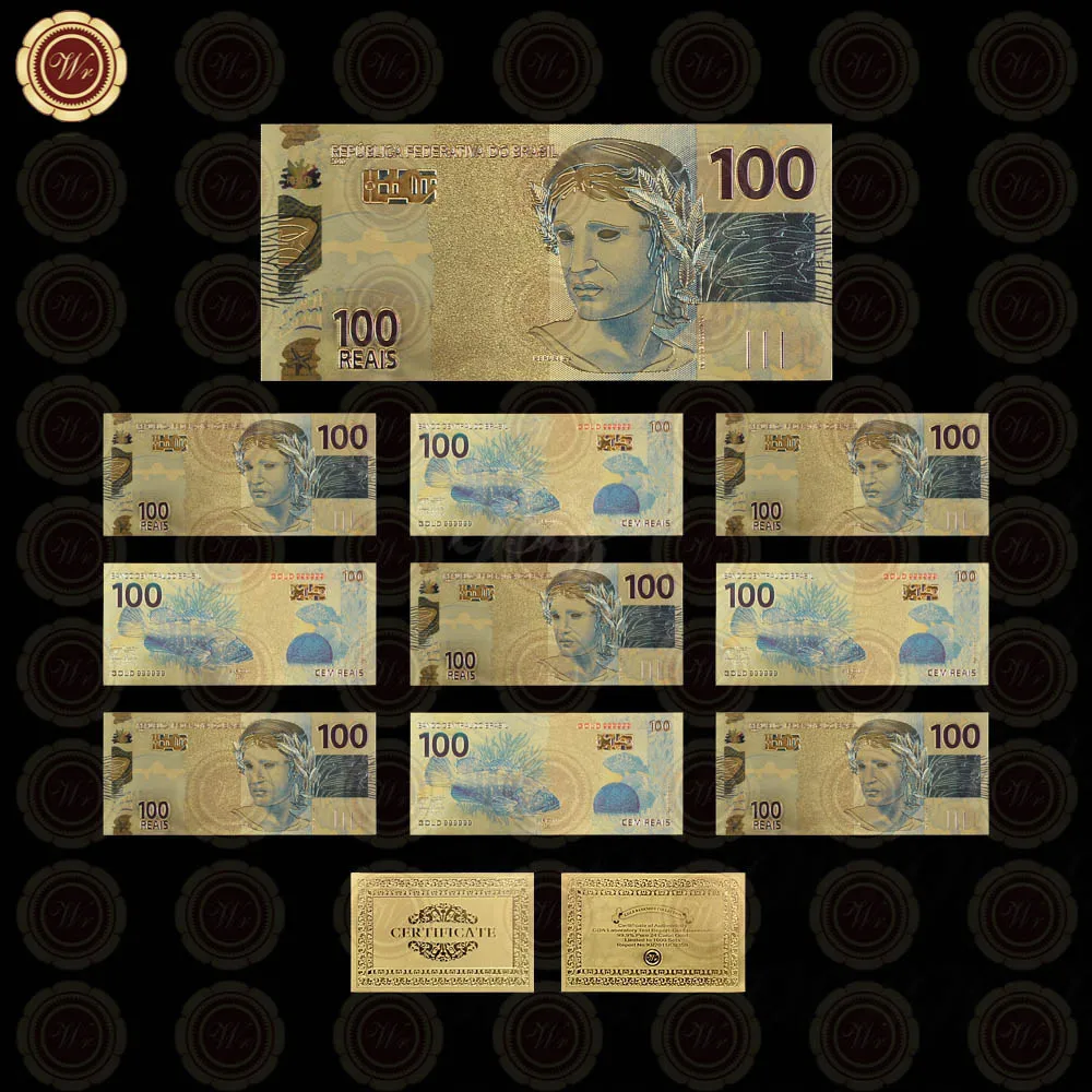 WR 10 шт./компл. банкнот Бразилия золото банкнот 2,5, 10,20 50100 счета поддельные деньги Банкноты купюр Бумага деньги Коллекционные вещи подарок