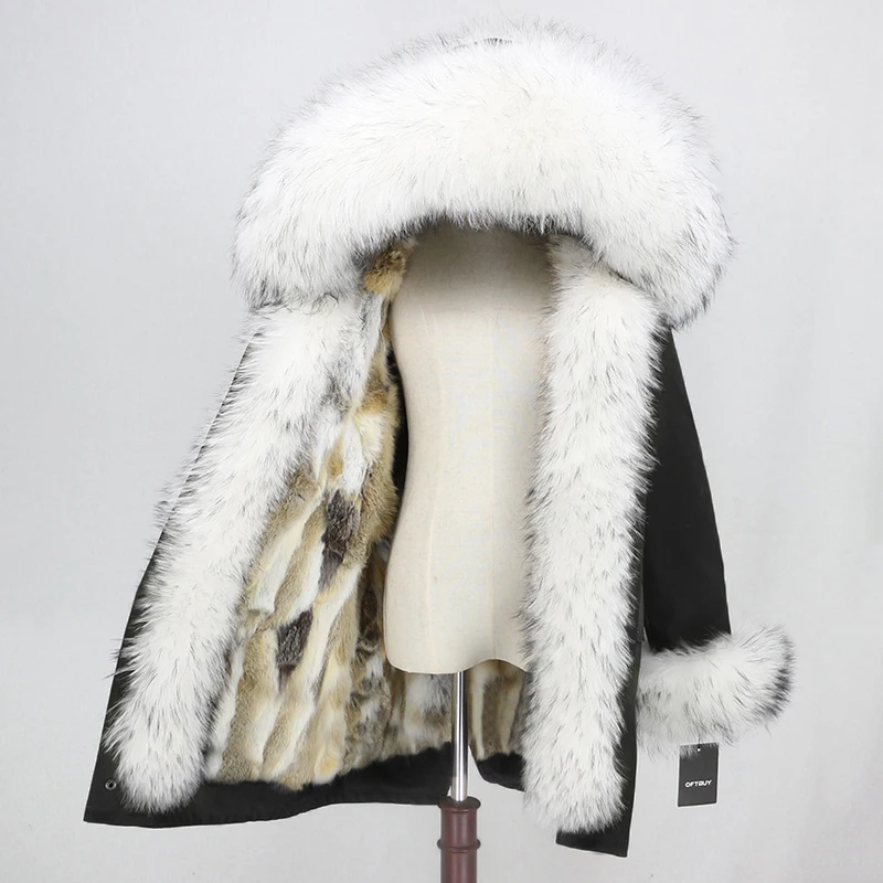 black white OFTBUY Водонепроницаемая парка зимняя куртка женская шуба из натурального меха енота воротник капюшон Подкладка из натурального кроличьего меха уличная одежда - Цвет: black white