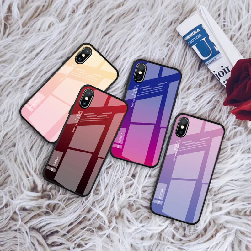 QINUO Gradient Tempered glass Case For iPhone X XS Max XR Scratchproof Fresh Fashion TPU iPhone6 6S 7 8 Plus Capa Funda |