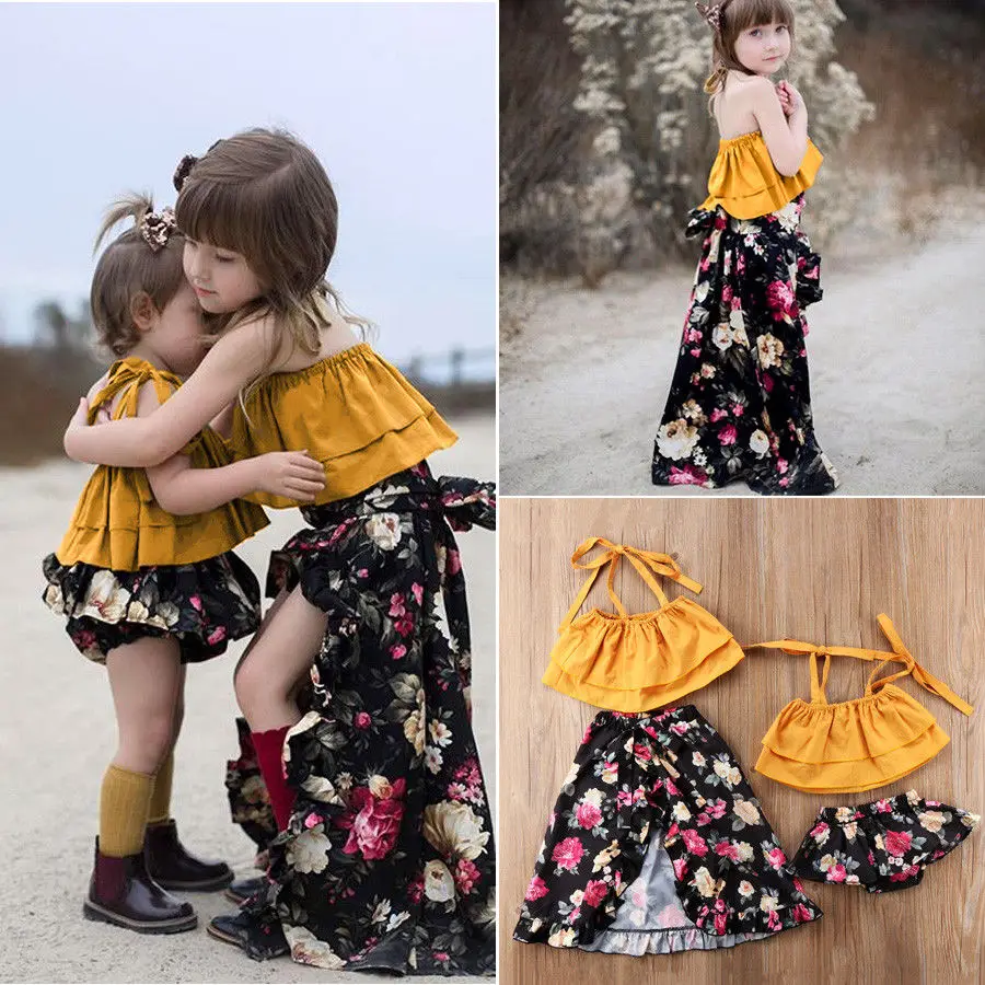 2 шт. Детский комплект из топа и юбки с цветочным принтом|matching outfits|sisters matching outfitskids
