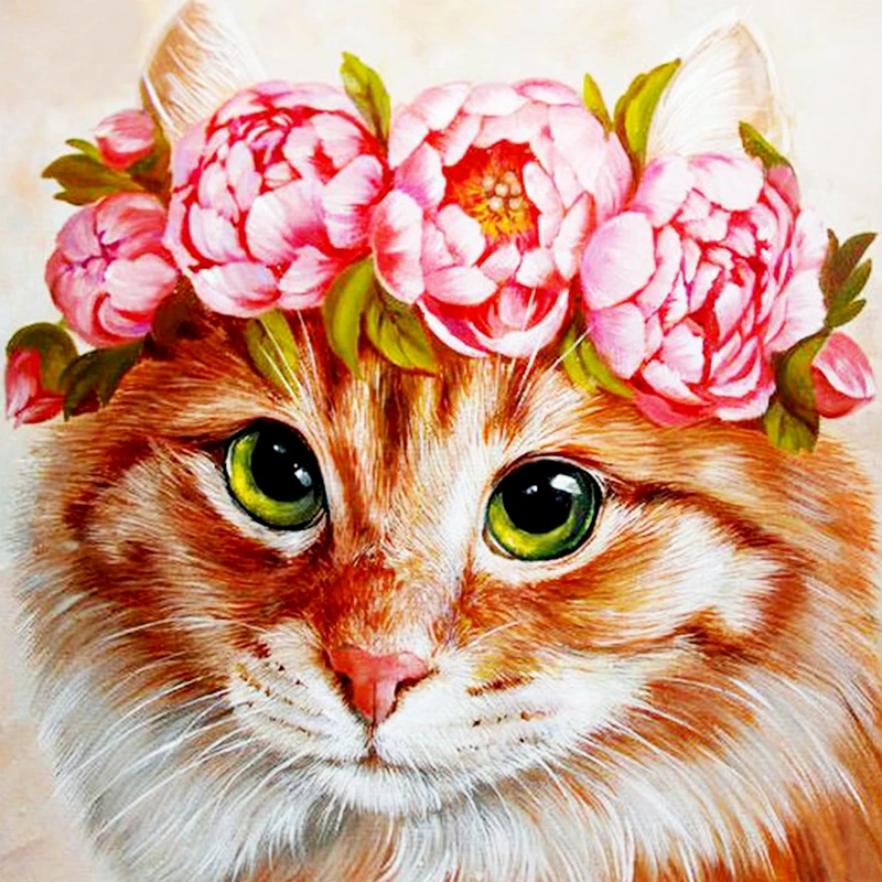 Diy 5D Diamond Painting Animal Full Round Mosaic Cat and Flower Embroidery Pattern Handmade Gift | Дом и сад