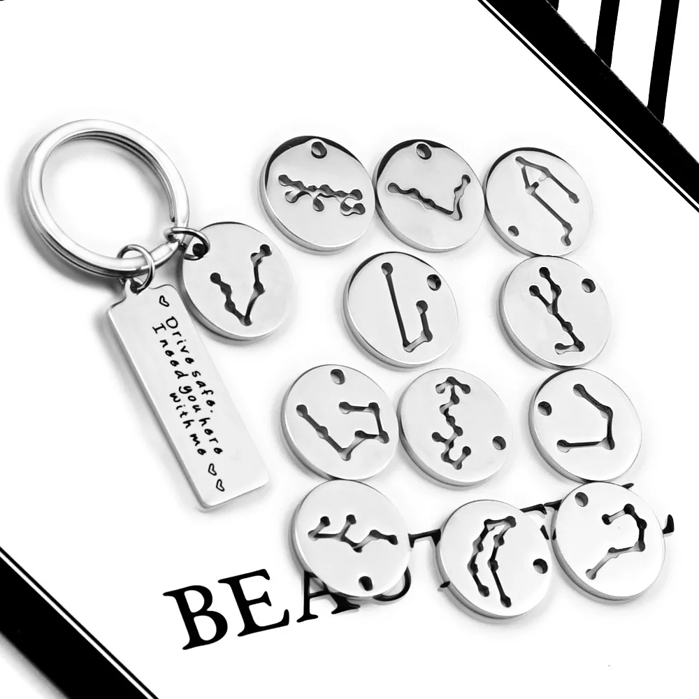 12 constellations Keyring Gifts Engraved Drive safe i need you here with me Keychain Stainless Steel Car keychain Pendant | Украшения и