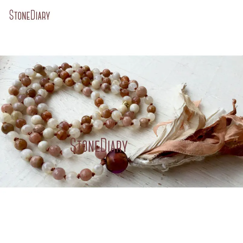 

108 Moonstone Mala Beads персиковый лунный камень женская подвеска для медитации богини йоги Jeewlry бисер ожерелье 40 дюймов NM11081