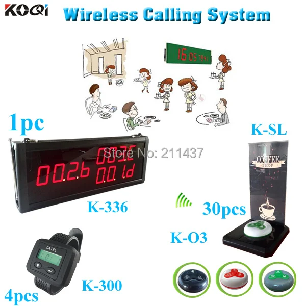 

Bargain Counter service restaurant 30 100% waterproof bells with menu card 4 bills watch and one LED indicator receiver