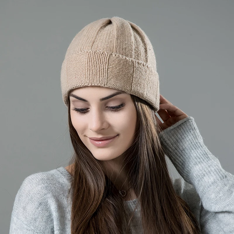 [Rancyword] Casual Real Fur Wool Winter Women's Hat Knitted Cashmere Beanie Hats for Girls Winter Hats Beanies New RC2037