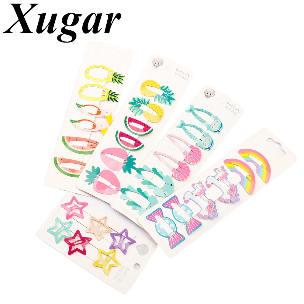 Xugar, 6 шт./лот, аксессуары для волос, заколки для волос для девочек, карамельный цвет, Мультяшные заколки для волос с фруктами, пентаграмма, металлические заколки, Стиль BB, заколки для волос